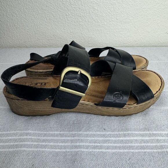 Born Aida Leather Strappy Wedge Slingback Sandals Comfort Lagenlook Black 8 - Picture 2 of 14